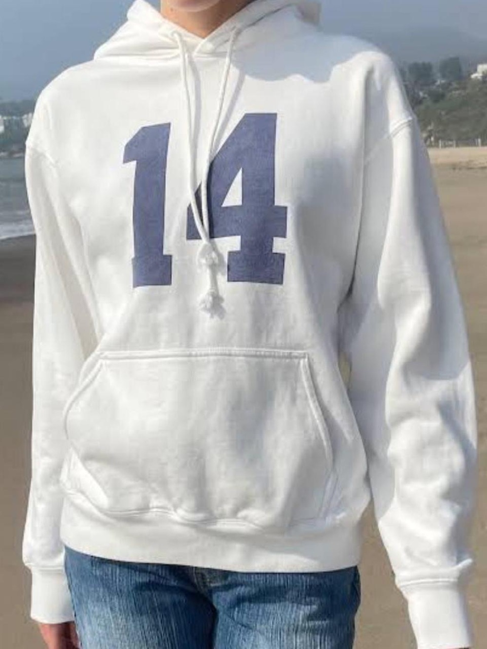 Brandy Melville White Crewneck Hoodie with Navy '14' Graphic
